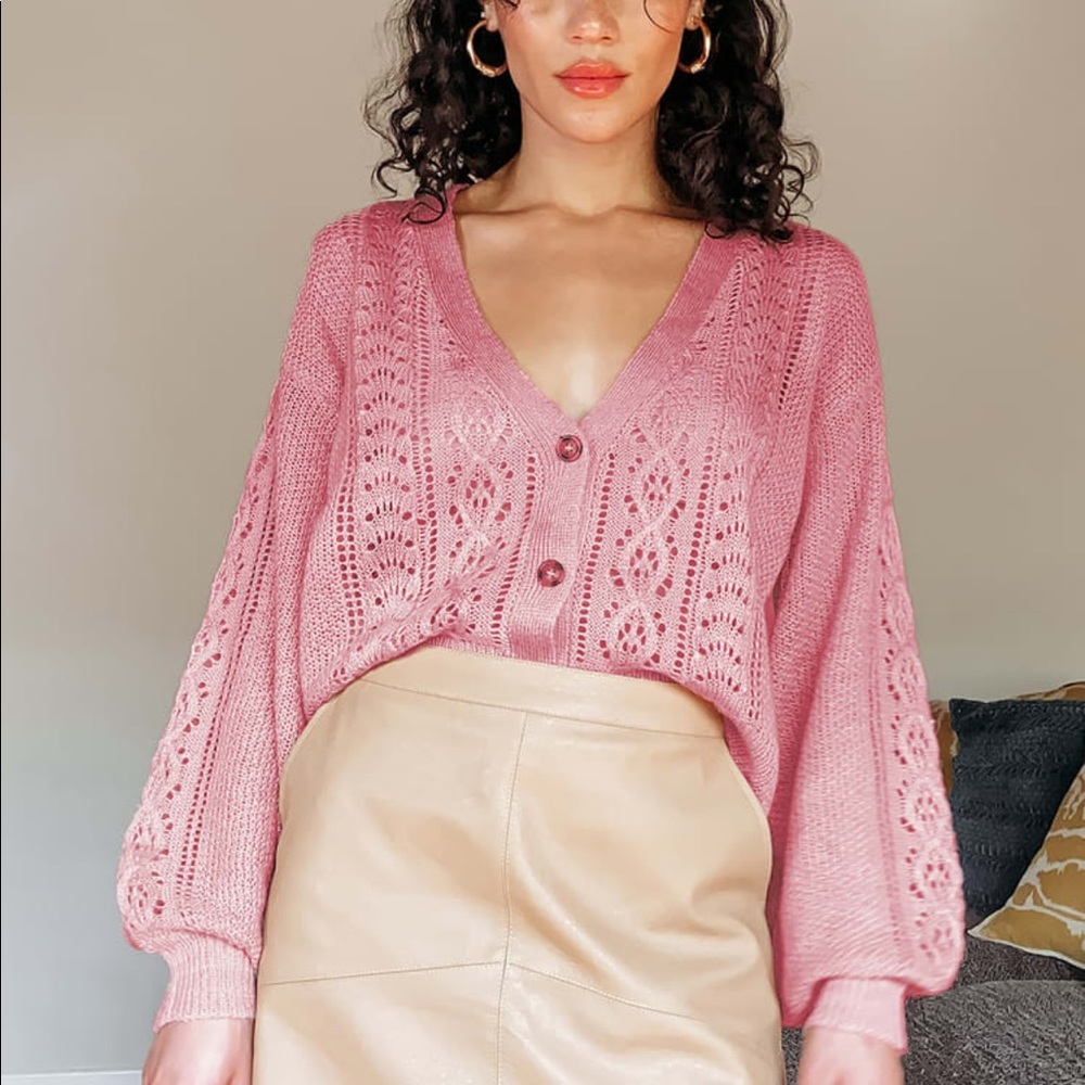 Harvest Season Rose Pink Pointelle Knit Cardigan Sweater